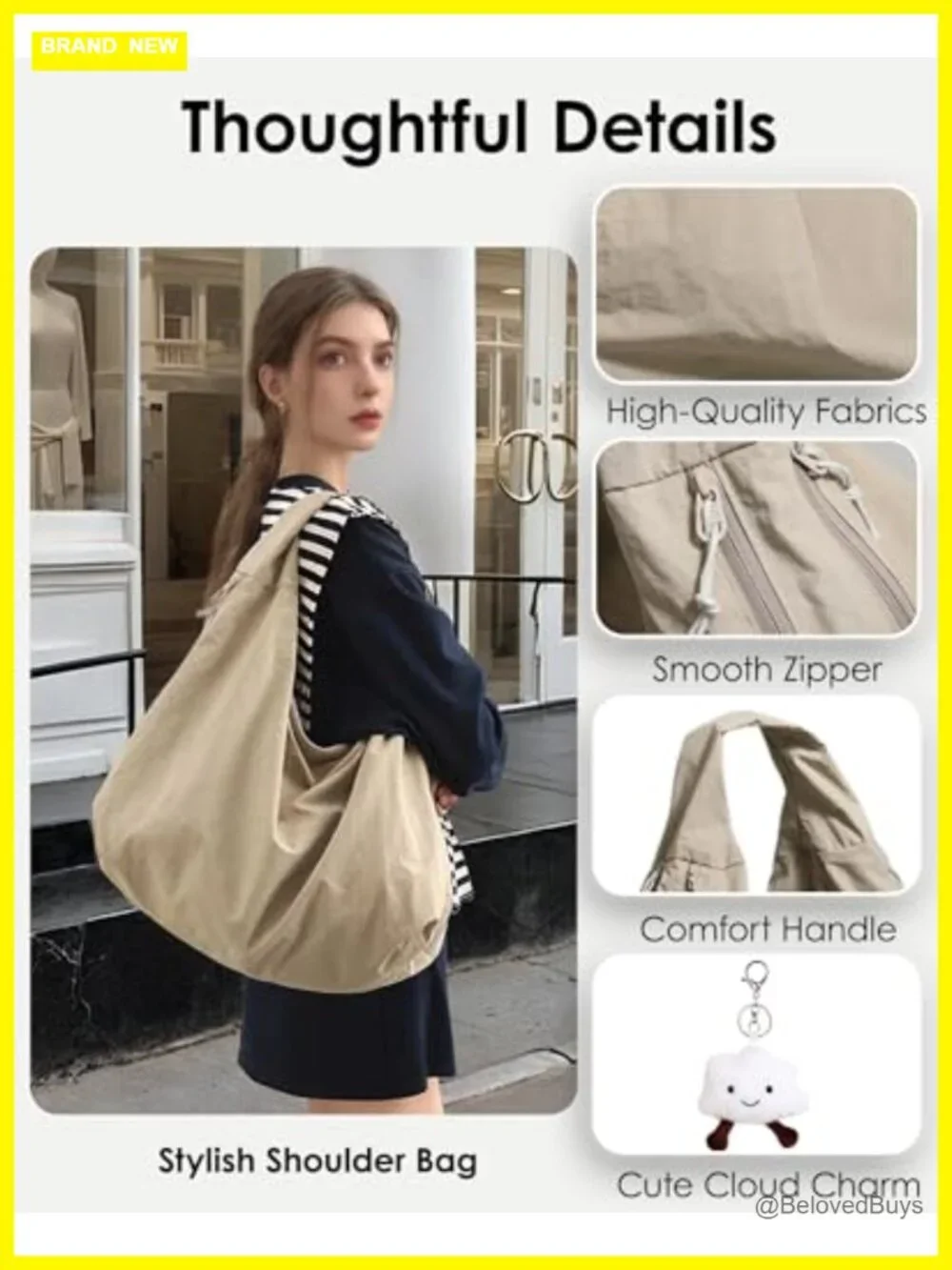 Nylon Slouchy Hobo Tote Bag with Zippered Pockets, Large Underarm Shoulder Purse